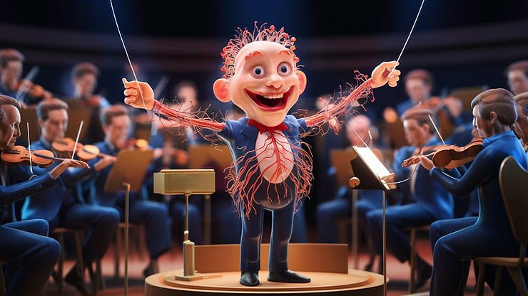 représentation humaine du système nerveux en chef d'orchestre au milieu de ses musiciens