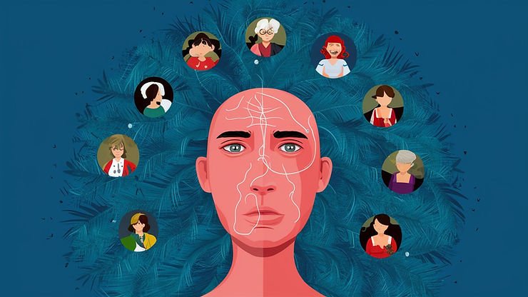 représentation d'un visage sur une oreiller de plumes avec des symbolisations de plusieurs maux tout autour