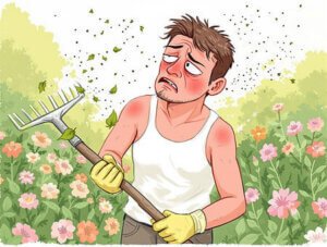 nature avec des fleurs en arrière plan et un jardinier enrhumé qui regarde désabusé le pollen