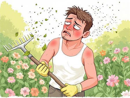 nature avec des fleurs en arrière plan et un jardinier enrhumé qui regarde désabusé le pollen