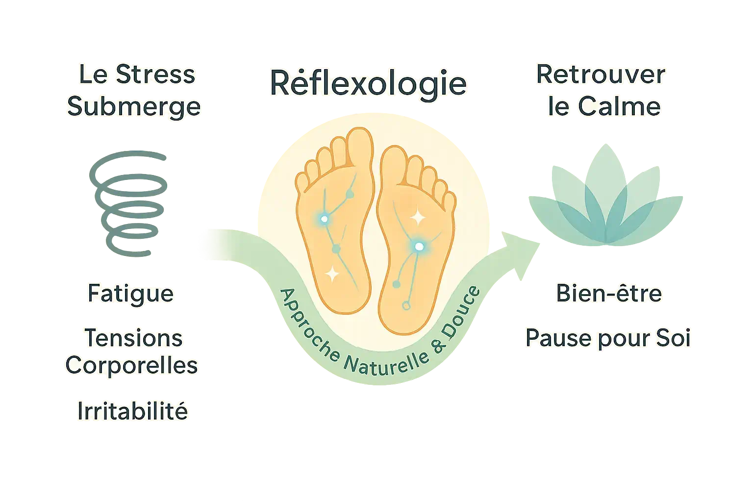 Infographie mécanismes du stress et réflexologie pour retrouver le calme