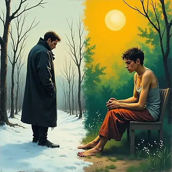 photo en vis a vis d une personne triste pendant l'hiver à gauche et d'une autre personne triste à droite.