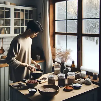 un homme qui se prépare un repas base d'ingredients saints