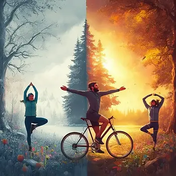 une scene coupée en deux verticalement avec de chaque cote une personne qui fait du yoga et n cycliste au milieu. La partie gauche représente l'hiver, froid. L'autre l'été et ses couleurs chaudes