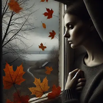 une femme triste regarde par la fenetre, les feuilles orangées tombent des arbres