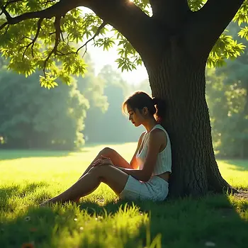 une personne assise sous un arbre le regard triste et fatigué sous un soleil de plomb
