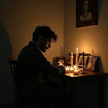 dans l obscurite_ un homme assis devant une table avec des bougies et des photos se rememore sa famille defunte