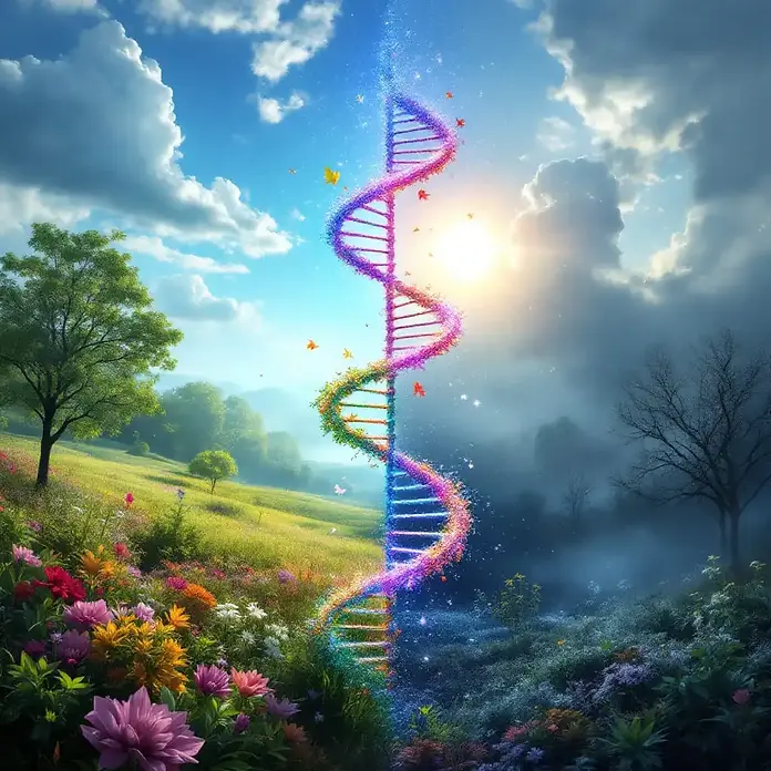 une représentation d'un adn au centre d'une scene de beau temps d'un cote et d'un temps orageux de l'autre