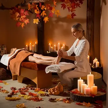 une scène qui représente une séance de réflexologie saisonnière avec des feuilles orangées au sol et au mur