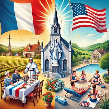 Représentation en vis à vis de la célébration du 15 aout en france comparé à la célébration aux usa.