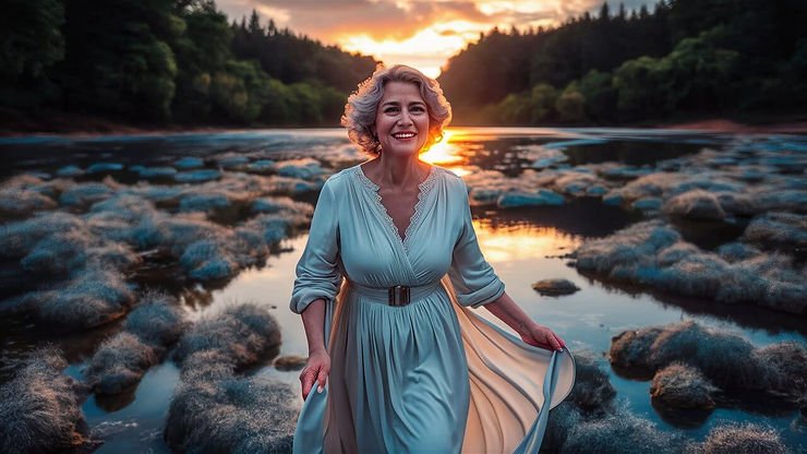 une femme revigorée après sa séance de réflexologie plantaire représentée marchant dans une rivière au coucher du soleil
