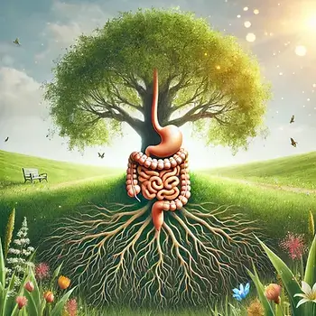 transposition du système digestif au travers d'un arbre et de ses racines