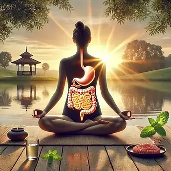 mise en avant d'un système digestif en transparence sur une femme en position de méditation - yoga