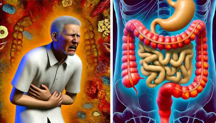 un homme qui se tord de douleur vs système digestif en alerte
