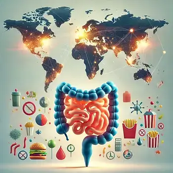 une représentation du système digestif et les régions du mondes les lpus touchées par la maladie en arrière plan