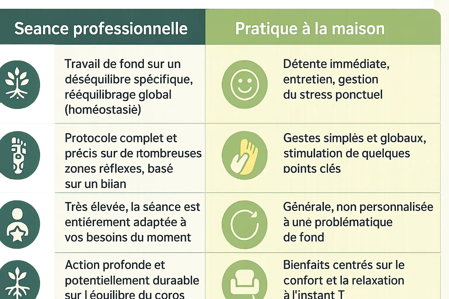 Illustration de <strong></picture>pieds détendus après un soin</strong> » /></p><blockquote><p> La réflexologie plantaire est bien plus qu’un simple soin détente : c’est une approche complémentaire pour <strong>renforcer votre bien-être global</strong> 🌿. En combinant séances professionnelles et rituels quotidiens, vous offrez à votre corps <strong>les clés d’un équilibre durable</strong>. Écoutez vos besoins et osez franchir le pas vers <strong>une harmonie retrouvée</strong> !</Blockquote></p><h2>FAQ</h2><h3>Quels sont les bienfaits d’une réflexologie plantaire ? 🌿</h3><p>La réflexologie plantaire favorise une profonde détente en stimulant plus de 7200 terminaisons nerveuses des pieds. Elle aide à réduire le stress en abaissant le cortisol, calme l’anxiété et améliore la qualité du sommeil. Elle soutient également la circulation sanguine et lymphatique, soulage les tensions physiques et contribue à un équilibre global du corps grâce à la stimulation de zones spécifiques liées à des organes (système digestif, hormonal, immunitaire). Cependant, il s’agit d’une approche complémentaire, non médicale, pour <strong>améliorer votre bien-être</strong>. 🧘♀️</p><blockquote><p>La réflexologie plantaire est une formidable approche complémentaire pour améliorer votre qualité de vie et votre bien-être, mais elle ne remplace en aucun cas l’avis et le suivi d’un professionnel de santé.</p></blockquote><h3>Quand ne faut-il pas faire de réflexologie ? ⚠️</h3><p>La réflexologie est à éviter en cas de grossesse avancée (notamment au premier trimestre), de pathologies aiguës (infections, phlébite), de traumatismes récents (blessures aux pieds ou jambes) ou de fatigue extrême. Elle est également déconseillée en cas de troubles psychotiques ou d’intolérance au toucher. Un praticien expérimenté adaptera sa méthode si vous avez des <strong>contre-indications spécifiques</strong>. En cas de doute, consultez un professionnel de santé avant de vous engager dans une séance.</p><blockquote><p>En cas de doute sur votre situation personnelle (grossesse, maladie chronique), n’hésitez pas à consulter votre médecin avant de programmer une séance.</p></blockquote><h3>Quel est le prix d’une séance de réflexologie plantaire ? 💰</h3><p>Le coût d’une séance varie selon la localisation géographique, l’expérience du praticien et la durée du soin (généralement entre 45 et 60 minutes). En France, <strong>comptez en moyenne entre 40 € et 80 €</strong> pour une séance d’une heure. Certaines structures proposent des forfaits (ex: 3 séances pour un tarif préférentiel) ou des tarifs dégressifs pour les suivis réguliers. Les praticiens certifiés ou formés à des techniques spécifiques (MTC, réflexologie profonde) peuvent avoir des tarifs plus élevés. N’hésitez pas à demander des détails lors de votre premier contact !</p><h3>Quels sont les effets secondaires de la réflexologie plantaire ? 🌊</h3><p>Après une séance, il est possible de ressentir une fatigue temporaire, des maux de tête légers ou une montée émotionnelle. <strong>Ces effets, appelés « effet-rebond »</strong>, traduisent l’élimination des toxines et le rééquilibrage interne. Certains notent aussi une soif accrue ou des besoins urinaires plus fréquents, liés à l’effet détox. Ces réactions disparaissent généralement en 24 à 48h. Pour les atténuer, buvez suffisamment d’eau et évitez les efforts physiques intenses les 24h suivantes.</p><blockquote><p>L’effet le plus important après une séance est celui que vous ressentez. Écoutez votre corps : s’il vous réclame du repos, accordez-le-lui. C’est le début du processus d’équilibrage.</p></blockquote><h3>Quelle est la réflexologie la plus efficace ? 🧩</h3><p>L’efficacité dépend de votre objectif personnel (détente, accompagnement spécifique) et de la qualité de l’écoute du praticien. La réflexologie inspirée de la Médecine Traditionnelle Chinoise (MTC), qui travaille 92 zones réflexes, est particulièrement reconnue pour son approche holistique. Cependant, <strong>la personnalisation du protocole</strong> (bilan préalable, adaptation aux besoins) reste le facteur clé pour un résultat optimal. En synergie avec d’autres pratiques (alimentation équilibrée, sommeil réparateur), elle s’intègre dans une démarche globale de bien-être.</p><h3>Pourquoi boire après une réflexologie plantaire ? 💧</h3><p>Boire de l’eau ou des tisanes après une séance aide le corps à éliminer les toxines libérées durant la stimulation des zones réflexes. Cette hydratation optimise les effets régénérateurs et limite les éventuels maux de tête ou fatigues passagères. Privilégiez l’eau plate, les infusions (camomille, tilleul) et évitez les boissons alcoolisées ou caféinées pendant 24h. Ce geste simple <strong>prolonge l’action équilibrante du soin !</strong></p><blockquote><p>Le conseil numéro un après une séance : buvez beaucoup d’eau (ou de tisane) dans les 24h suivantes pour aider votre corps à éliminer les toxines et intégrer les bienfaits du soin.</p></blockquote><h3>Combien de temps dure une séance de réflexologie plantaire ? ⏳</h3><p>Une séance typique dure entre 45 et 60 minutes, incluant un échange préalable pour comprendre vos attentes. La première consultation peut être prolongée de 15 minutes pour un bilan détaillé. <strong>Le temps est ajusté selon vos besoins</strong> : une séance express de 20 minutes peut suffire pour une détente rapide, tandis que les accompagnements spécifiques (ex: troubles du sommeil chroniques) peuvent nécessiter des durées plus longues ou plusieurs séances. Votre praticien vous guidera vers la formule la plus adaptée.</p><h3>Comment s’habiller pour une séance de réflexologie plantaire ? 👖</h3><p>Privilégiez des vêtements amples et confortables, notamment un pantalon souple qui monte facilement au-dessus des chevilles. Évitez les habits serrés ou synthétiques qui pourraient gêner la circulation sanguine. Une tenue détente (legging, t-shirt souple) facilite votre confort. En hiver, emportez un plaid si vous avez tendance à avoir froid : la séance se déroule généralement pieds nus, et une <strong>détente optimale passe par une chaleur corporelle</strong>.</p><h3>Quel diplôme faut-il pour être réflexologue ? 📜</h3><p>En France, il n’existe pas de diplôme d’État spécifique pour la réflexologie, mais les <strong>praticiens sérieux suivent une formation certifiée</strong> (ex: écoles de médecine traditionnelle chinoise, instituts spécialisés). Ces formations, souvent d’une durée de 200 à 400 heures, couvrent l’anatomie, les zones réflexes, l’éthique et la pratique personnalisée. Un bon réflexologue affiche sa formation et ses compétences, et collabore en complémentarité avec les professionnels de santé. Vérifiez les certifications via des organismes reconnus (FFR, AFK) pour une prise en charge sécurisée.</p></div><div class=