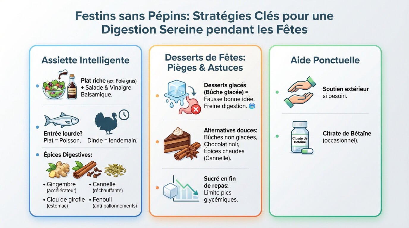 Repas de fête convivial avec aliments digestifs et épices sur la table