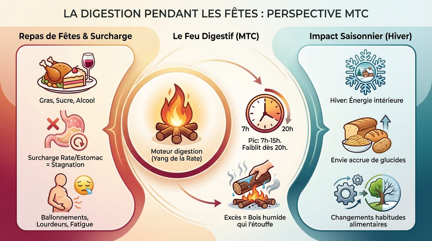 Schéma explicatif de la digestion durant les repas de fêtes selon la médecine chinoise