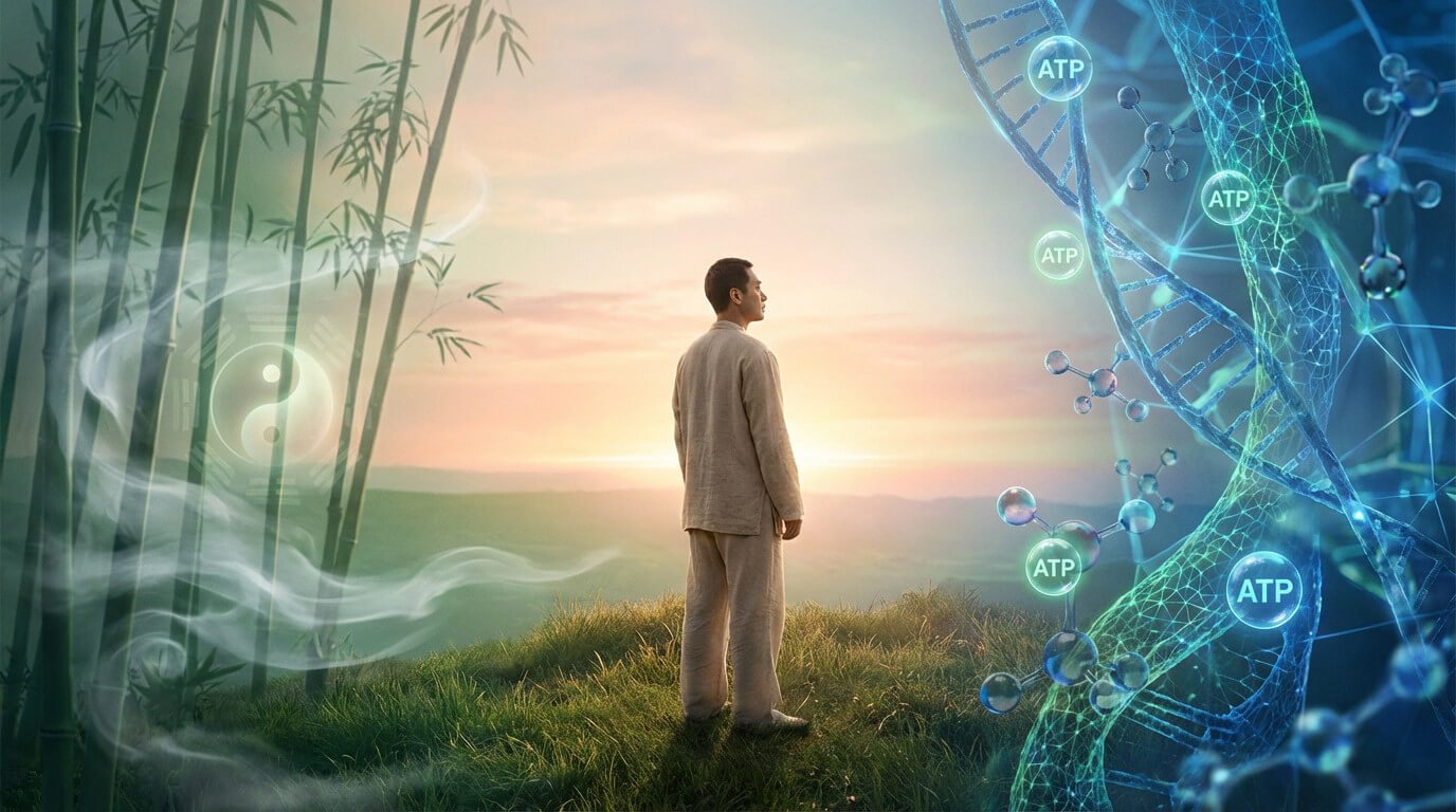 Figure bridging Traditional Chinese Medicine (bamboo, yin-yang) and modern biochemistry (DNA, ATP) for holistic health.