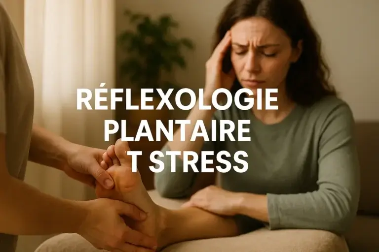 Une femme stressée reçoit une séance de réflexologie plantaire pour soulager ses maux de tête. Les mains d'un thérapeute massent son pied.
