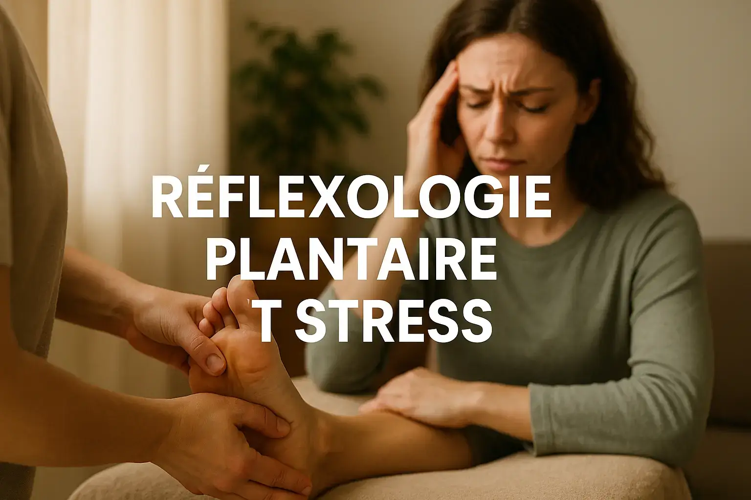 Une femme stressée reçoit une séance de réflexologie plantaire pour soulager ses maux de tête. Les mains d'un thérapeute massent son pied.