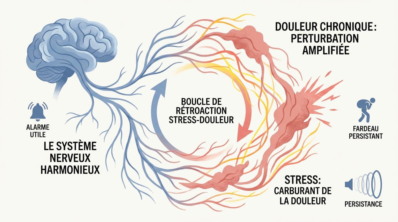 Schéma de la boucle de rétroaction entre le stress chronique et l'aggravation des douleurs