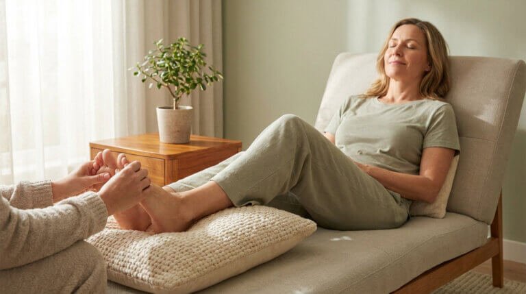 Une femme détendue reçoit un massage de réflexologie plantaire, les yeux fermés, sur une chaise longue confortable.