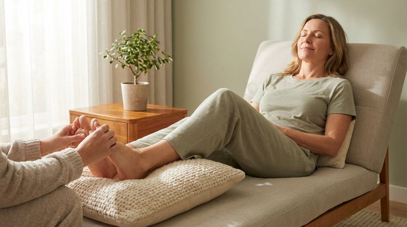 Une femme détendue reçoit un massage de réflexologie plantaire, les yeux fermés, sur une chaise longue confortable.