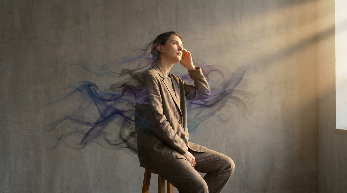 Personne assise, l'air pensif, entourée de volutes de fumée bleues et noires, évoquant le poids du stress et de la douleur chronique.