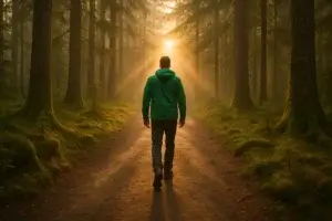 Homme en veste verte marchant sur un sentier forestier baigné de soleil levant, au milieu d'arbres moussus et de brume.