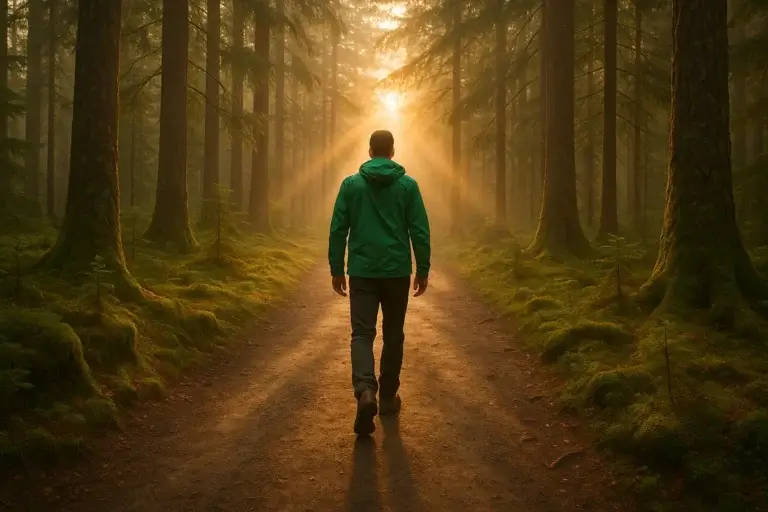 Homme en veste verte marchant sur un sentier forestier baigné de soleil levant, au milieu d'arbres moussus et de brume.