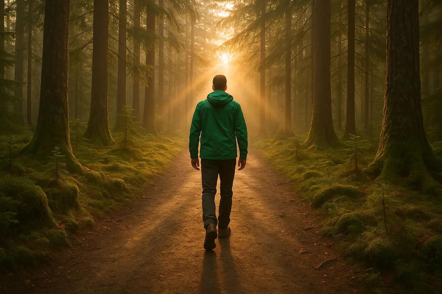 Homme en veste verte marchant sur un sentier forestier baigné de soleil levant, au milieu d'arbres moussus et de brume.