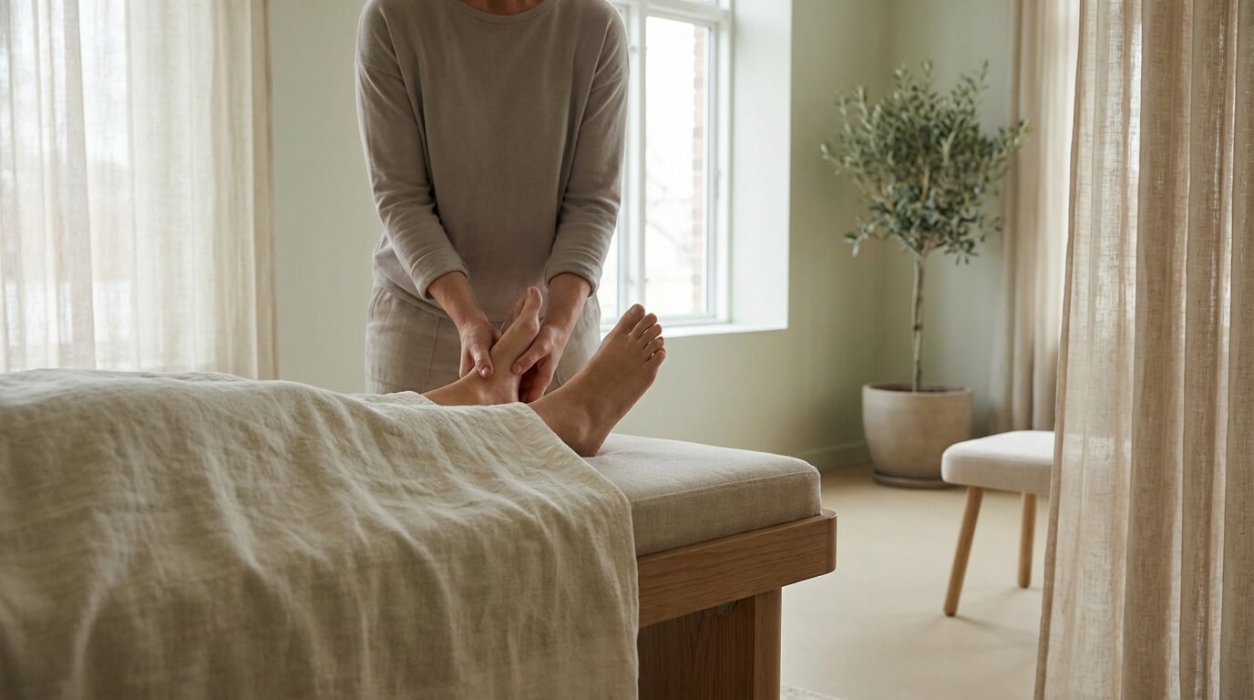 Réflexologue massant les pieds d'un client sur une table, ambiance calme et lumineuse, plante verte en arrière-plan.