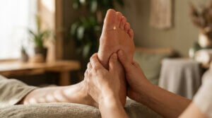 Mains massant la plante d'un pied lors d'une séance de réflexologie, dans un cadre apaisant, évoquant le soulagement du transit.