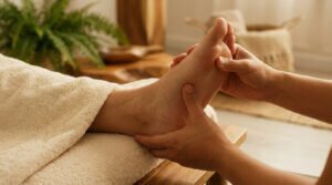 Gros plan sur une séance de réflexologie plantaire où des mains massent le pied d'une personne allongée, couverte d'une serviette beige.