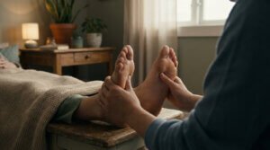 Gros plan sur une séance de réflexologie plantaire où un praticien masse les pieds d'une personne allongée sous une couverture.