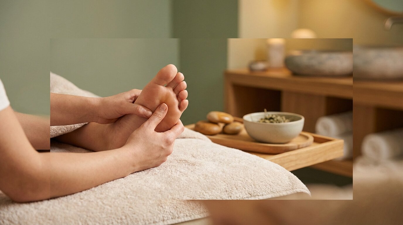 Gros plan sur des mains massant la plante d'un pied sur une serviette douce, avec des pierres et un bol d'herbes en arrière-plan.