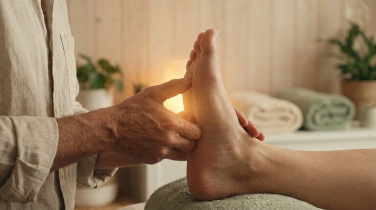 Mains d'un praticien en chemise claire massant délicatement le pied d'une personne dans une ambiance chaleureuse de spa.