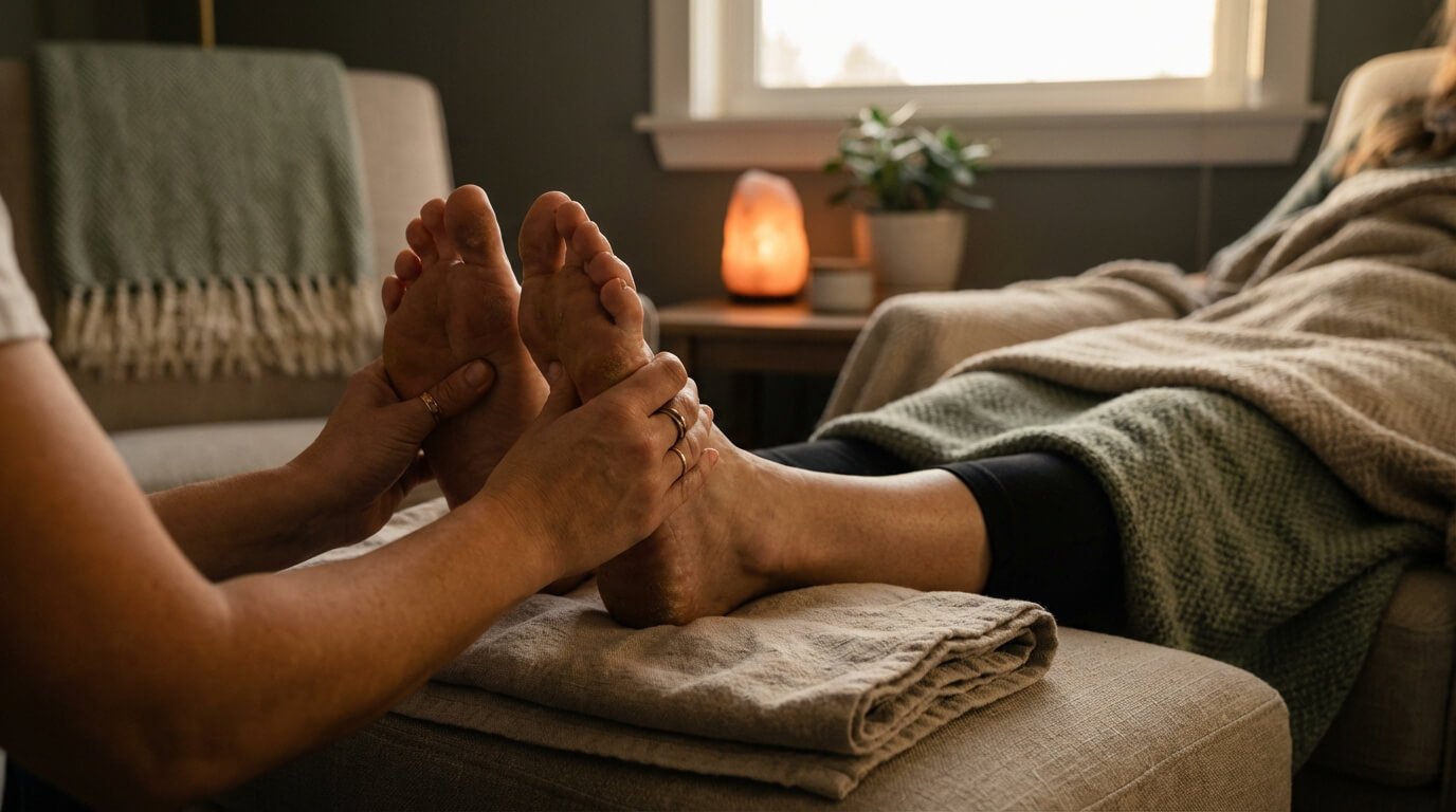 Une personne reçoit une réflexologie plantaire dans une ambiance apaisante. Elle est allongée sous une couverture, éclairée par une lumière douce et une lampe de sel.