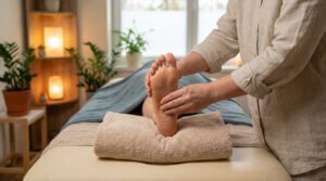 Une personne reçoit une séance de réflexologie plantaire pour soulager la douleur, avec un praticien massant le pied dans une pièce apaisante.
