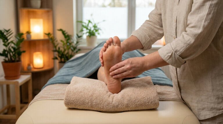Une personne reçoit une séance de réflexologie plantaire pour soulager la douleur, avec un praticien massant le pied dans une pièce apaisante.