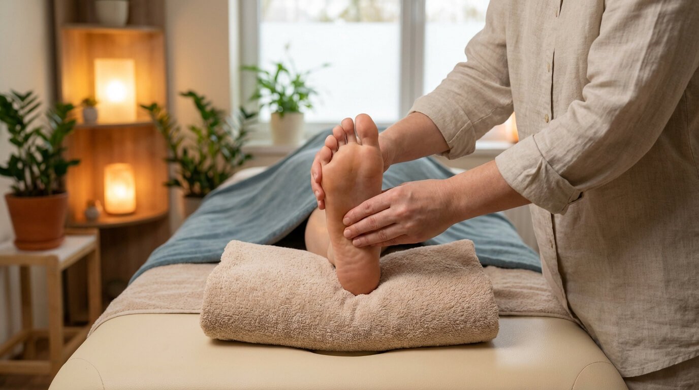 Une personne reçoit une séance de réflexologie plantaire pour soulager la douleur, avec un praticien massant le pied dans une pièce apaisante.