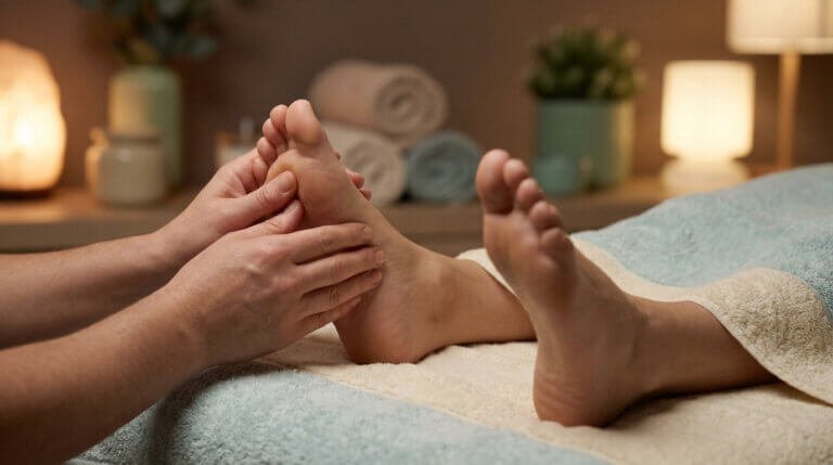 Gros plan sur des mains massant le pied d'une personne, dans une ambiance de spa aux lumières douces et relaxantes.
