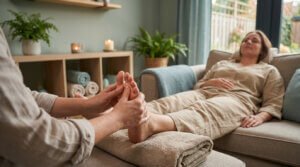 Une personne reçoit une réflexologie plantaire sur un canapé, les yeux fermés. Le thérapeute masse le pied dans un cadre apaisant.