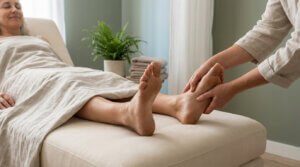 Femme se relaxant sur une table de massage pendant une séance de réflexologie plantaire. Les mains d'un thérapeute massent son pied.