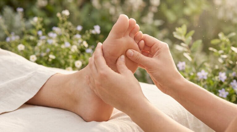 Détail d'une séance de réflexologie plantaire en extérieur. Les mains d'un thérapeute massent le pied, apportant un soulagement pour les allergies.