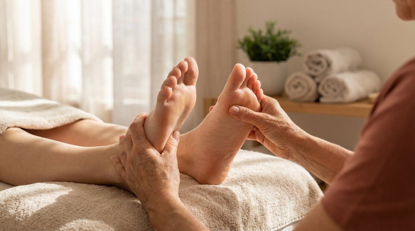 Gros plan sur un professionnel massant les pieds d'un patient lors d'une séance de réflexologie. Ambiance calme et lumineuse.