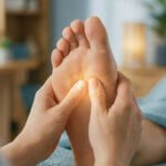 Gros plan sur deux mains massant la plante d'un pied, avec un point lumineux indiquant une zone de pression.