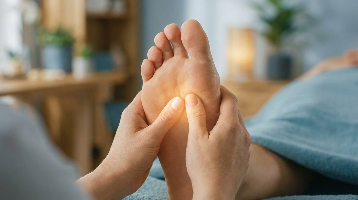 Gros plan sur deux mains massant la plante d'un pied, avec un point lumineux indiquant une zone de pression.