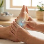Une personne reçoit un massage réflexologique du pied. Les mains d'un praticien appliquent une pression sur la plante avec une lueur bleue.